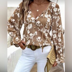 SHEIN Brown and White Floral Embroidered Blouse